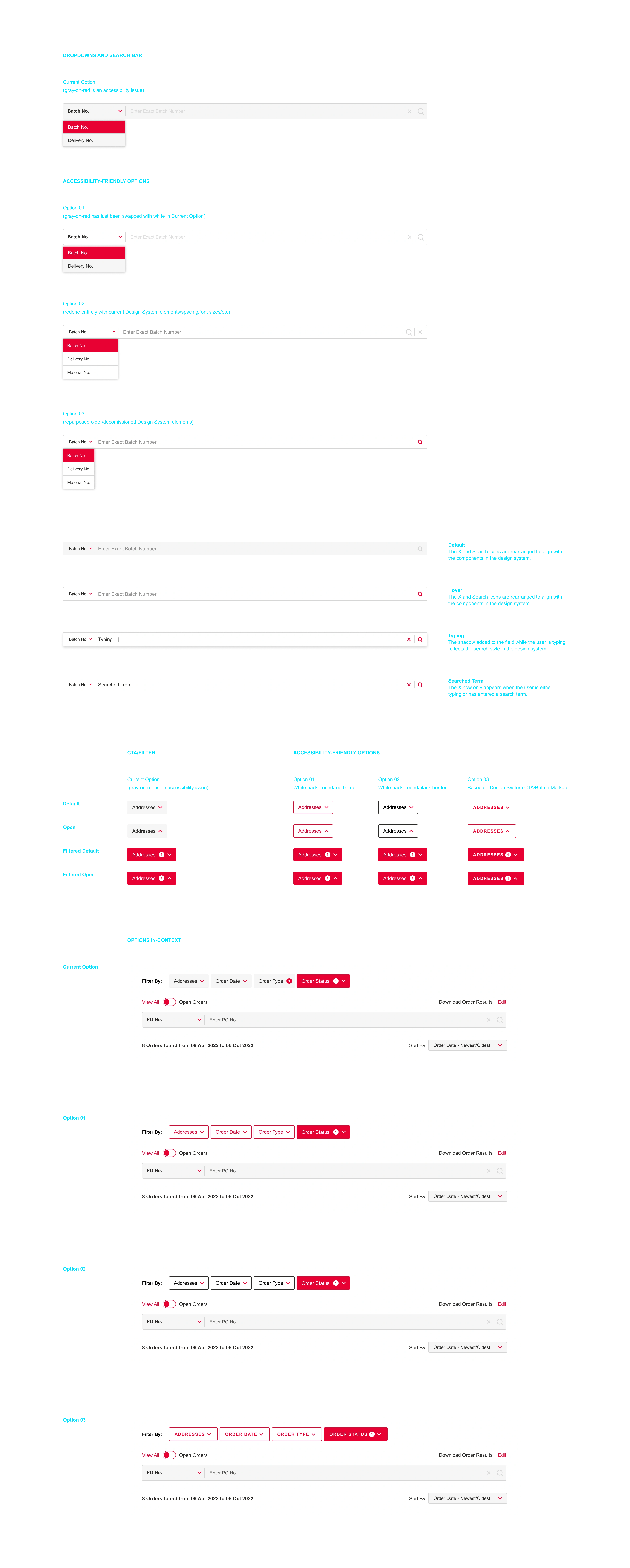 a layout demonstrating the accessibility breakdowns and testing that Brandwidth has done at the individual component level, complete with different iterations and redline specifications of color and spacing adjustments